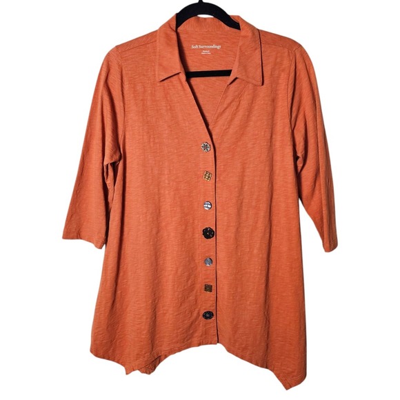 Soft Surroundings L Danielle‎ Tunic Top Orange Button Up 3/4 Sleeve Lagenlook - Picture 1 of 8
